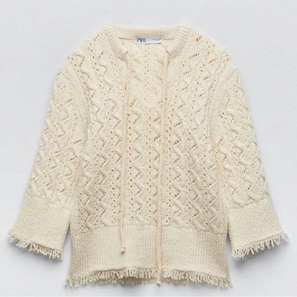 Zara Fringed Crochet Knit Top sweater sz S - Picture 3 of 10